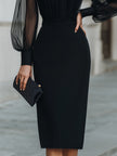 FJØRNA high-neck sheer sleeve tailored pencil midi dress, elegant cocktail dress with fitted silhouette and sophisticated design