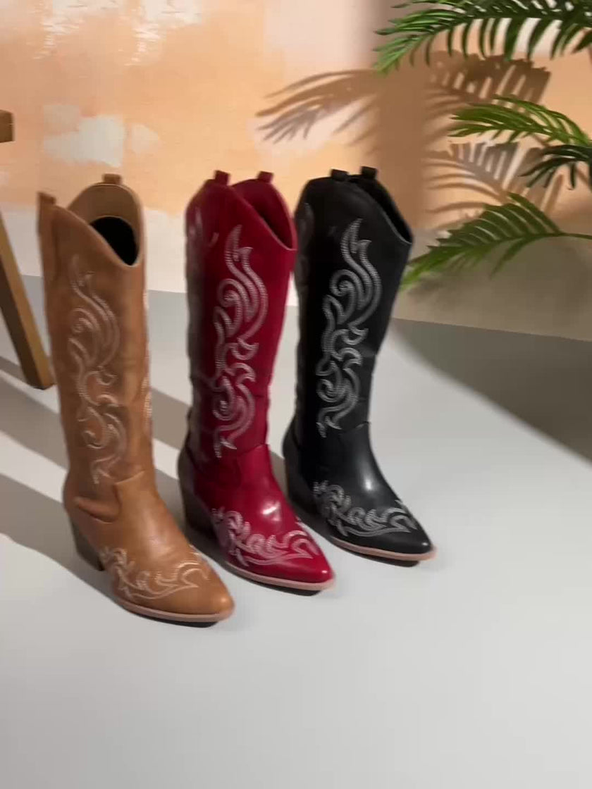 Cowboy Boots Embroidered Knee High Block Heel Pointed Toe Western Boots | Nanna