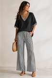 Two-Piece Set Women V-Neck Three-Quarter Sleeve Striped