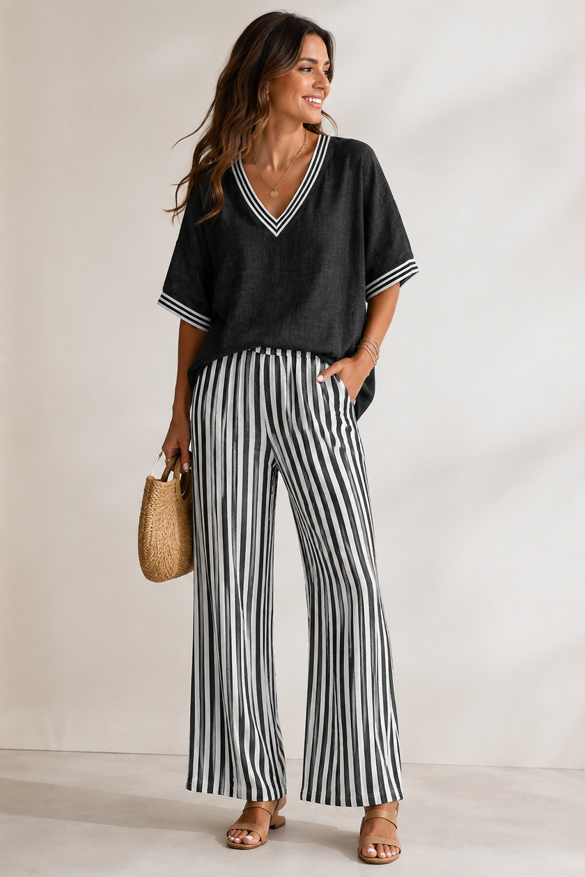 Two-Piece Set Women V-Neck Three-Quarter Sleeve Striped