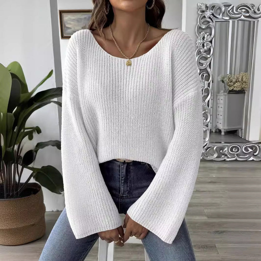 Knit Sweater Women Round Neck Relaxed Fit Long Sleeve