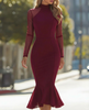 Burgundy sheer high-neck mermaid midi dress by FJØRNA featuring a fitted silhouette and elegant cocktail style.
