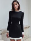 FJØRNA black contrast-trim long-sleeve mini dress, stylish cocktail dress with sleek design and fitted silhouette.