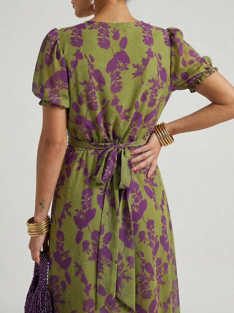 FJØRNA women's floral summer midi dress with V-neck, lightweight fabric, and feminine design perfect for warm weather.