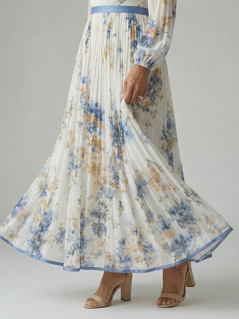 FJØRNA women's floral summer midi dress with V-neck and long sleeves, lightweight and flowy for warm weather.