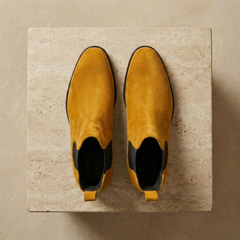 FJØRNA tan suede Chelsea boots for men, classic slip-on shoes with elastic side panels and rounded toe design.
