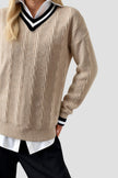 Cable Knit Sweater Women V-Neck Contrast Trim Cotton Long Sleeve