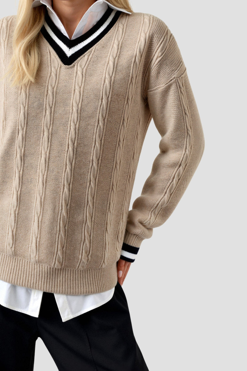 Cable Knit Sweater Women V-Neck Contrast Trim Cotton Long Sleeve