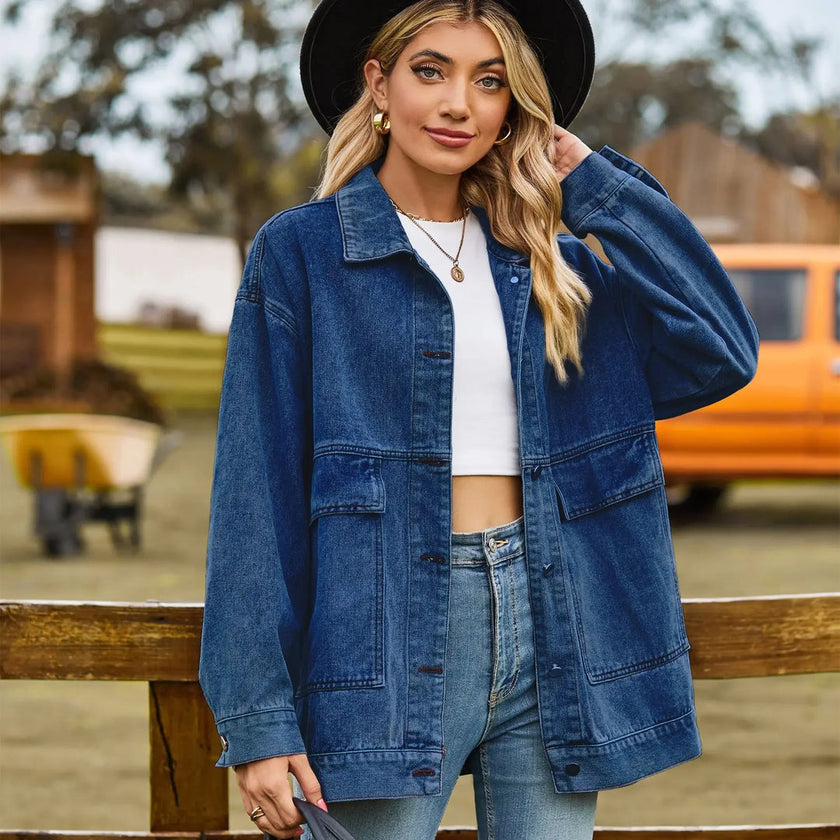 Denim Shirt Jacket Women Oversized Snap Front Patch Pockets