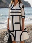 FJØRNA women's geometric wrap summer dress, flowy style with vibrant pattern, perfect for warm weather and casual outings.