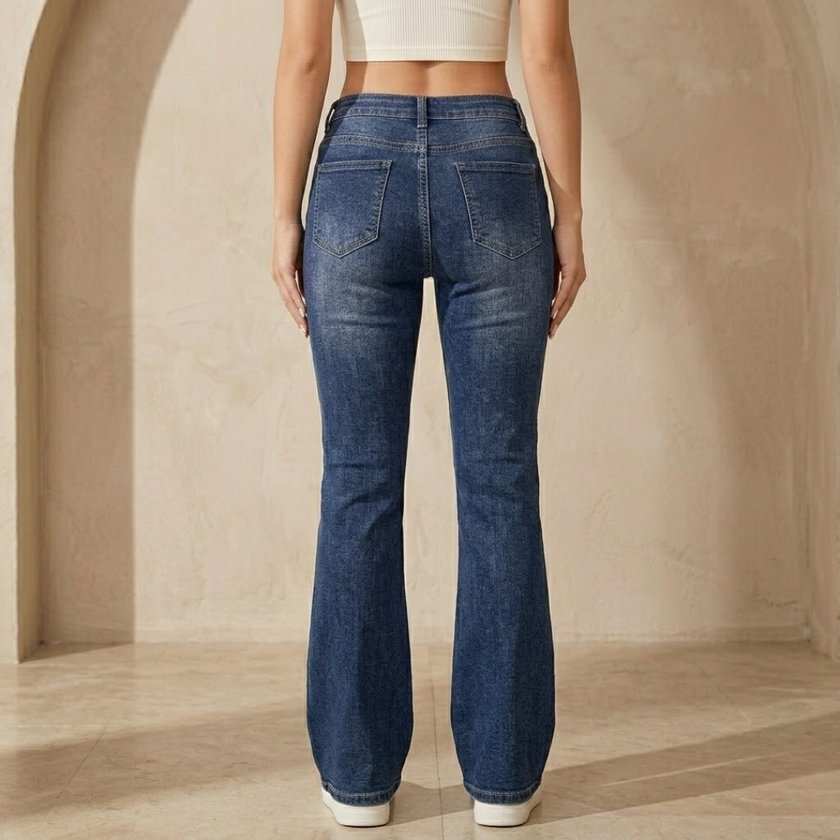 Women's mid-waist stretch flared jeans by FJØRNA, slim fit denim pants with a stylish flared leg design.