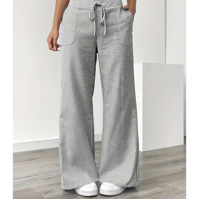 FJØRNA women's lightweight summer trousers with drawstring and striped pattern, casual and comfortable for warm weather.