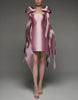 Pink satin cocktail dress for women with square neckline, bodycon fit, and strappy details by FJØRNA.