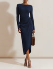 Red FJØRNA midi dress for women with bodycon fit, pleated design, long sleeves, perfect for elegant occasions.