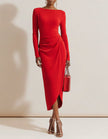 FJØRNA red midi dress for women featuring a bodycon fit, pleated design, and long sleeves, perfect for elegant occasions.