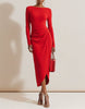 FJØRNA red midi dress for women featuring a bodycon fit, pleated design, and long sleeves, perfect for elegant occasions.