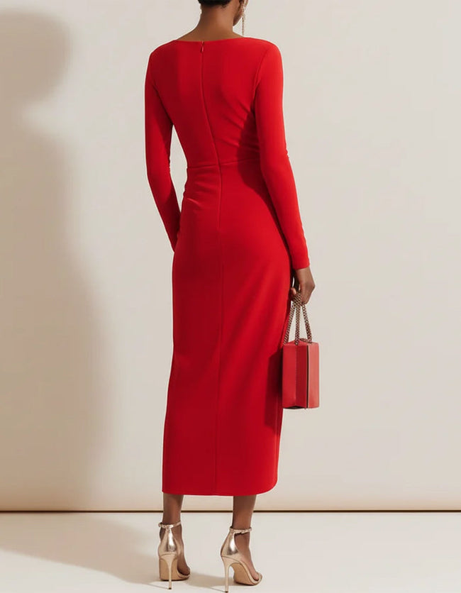 Red FJØRNA midi dress for women, bodycon style with pleated long sleeves, perfect for elegant occasions.