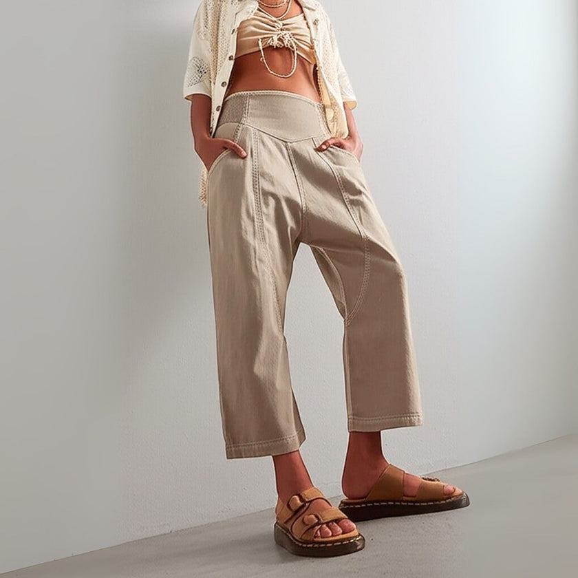 Women’s wide leg denim trousers by FJØRNA, showcasing classic blue jeans with a relaxed fit and stylish design.