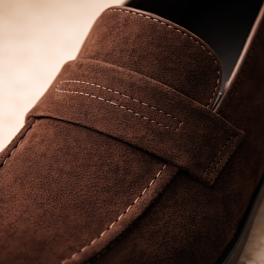 FJØRNA men's leather penny loafers shoes with classic slip-on design and sleek brown finish, stylish footwear for men.