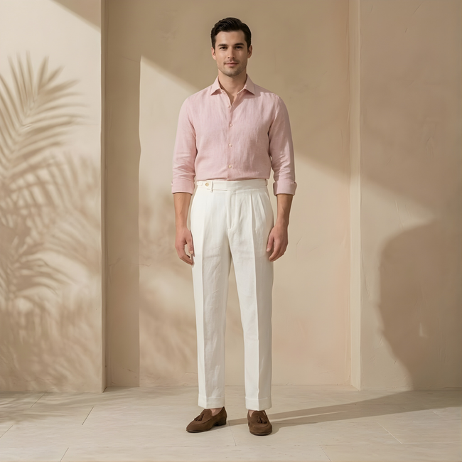 Men's linen pleated straight-leg trousers by FJØRNA, tailored linen pants with a classic fit and crisp pleats.