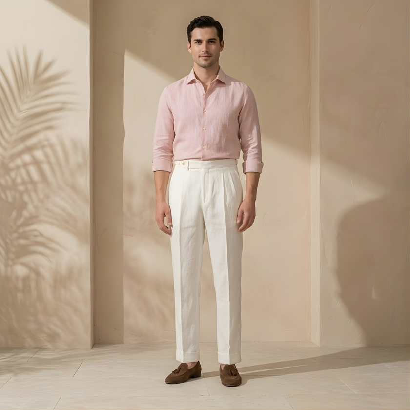Men's linen pleated straight-leg trousers by FJØRNA, tailored linen pants with a classic fit and crisp pleats.