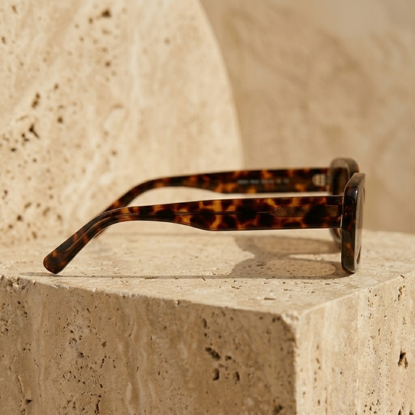 FJØRNA retro tortoiseshell rectangular unisex sunglasses with dark tinted lenses, stylish accessories for women.
