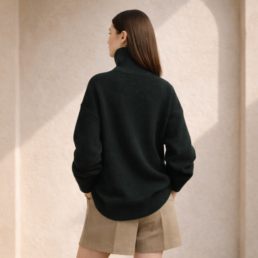 FJØRNA women's wool turtleneck sweater, cozy knit with ribbed collar and cuffs, in a neutral color, perfect for cold weather.