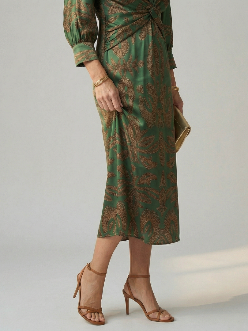 FJØRNA women's summer midi dress with long sleeves and wrap design, featuring a stylish and comfortable fit.