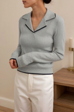 Contrast Trim Sweater Women Lapel Collar Cotton Blend Grey