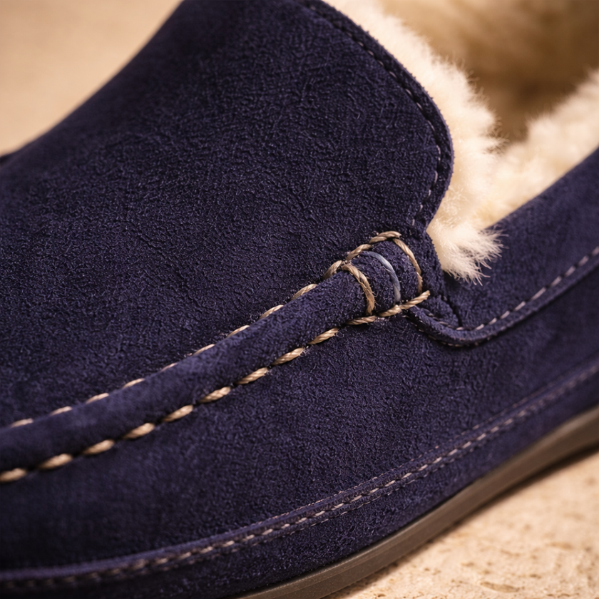 FJØRNA men's suede wool-lined slippers featuring cozy winter footwear with soft lining and stylish design.