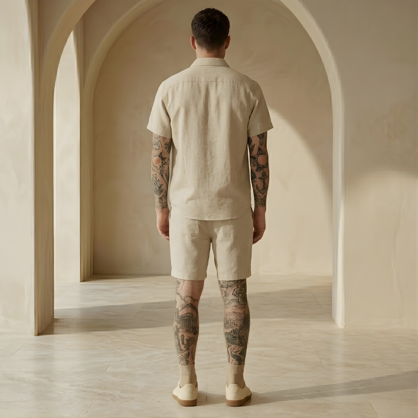 FJØRNA men's linen blend shirt and shorts co-ord set for summer vacation, casual men's summer outfit with lightweight fabric.