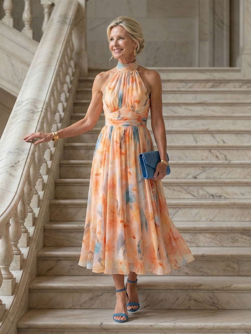 FJØRNA women's summer midi dress with halter neck and sleeveless design, flowing fabric perfect for warm weather.