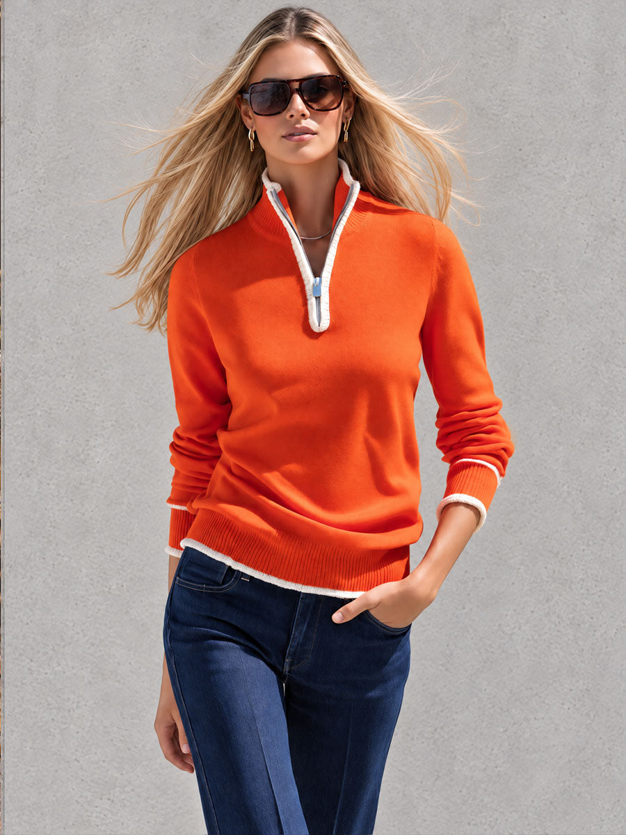 Orange Color-Block Half-Zip Knit Sweater with Stand Collar for Women