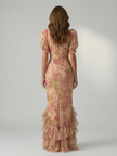 FJØRNA summer maxi dress for women featuring high neck and puff sleeves, elegant flowing design perfect for warm weather.