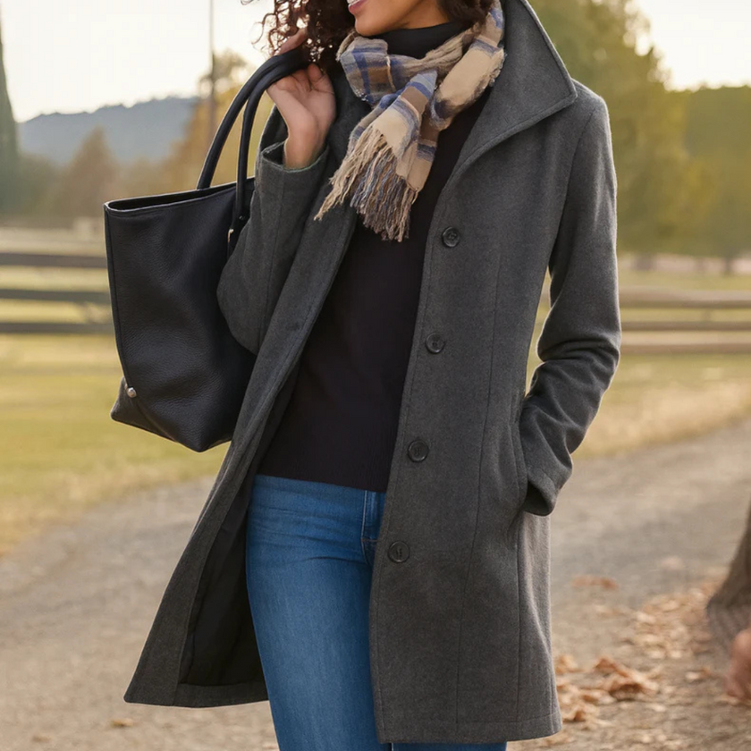 Wool Coat Tailored Notch Collar Button Up Long Winter Coat | Elvira