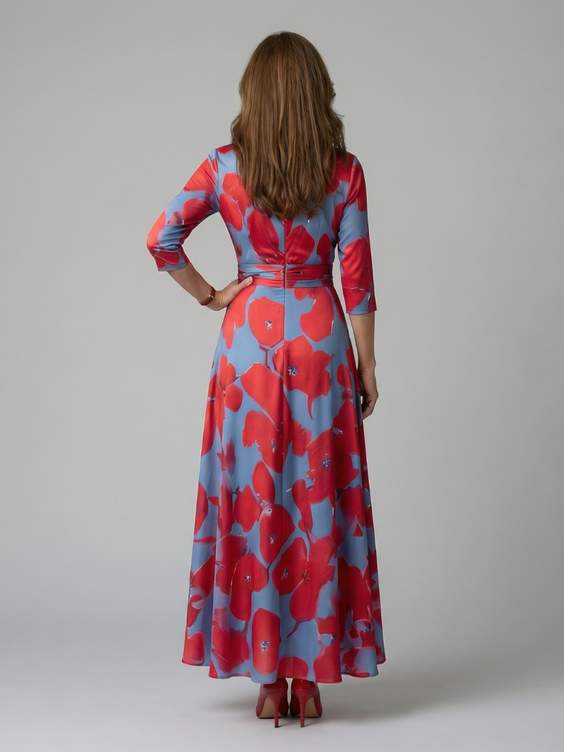FJØRNA women's summer maxi dress with floral pattern, long sleeves, wrap style, flowy fabric for a breezy, elegant look