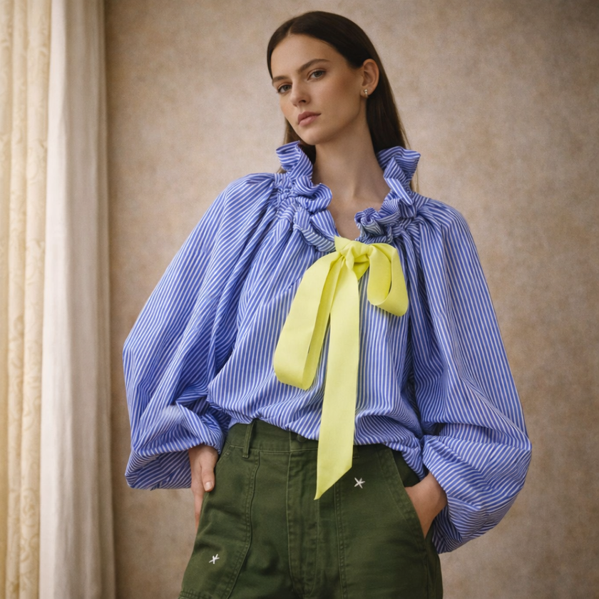FJØRNA women's gingham ruffle oversized blouse with long sleeves, featuring a stylish and relaxed fit for casual or dressy occasions.