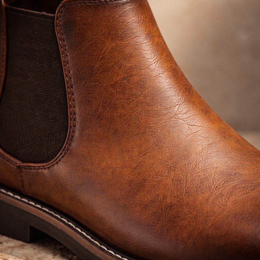 FJØRNA men's retro leather Chelsea boots with classic ankle-height design and elastic side panels, stylish footwear for men.