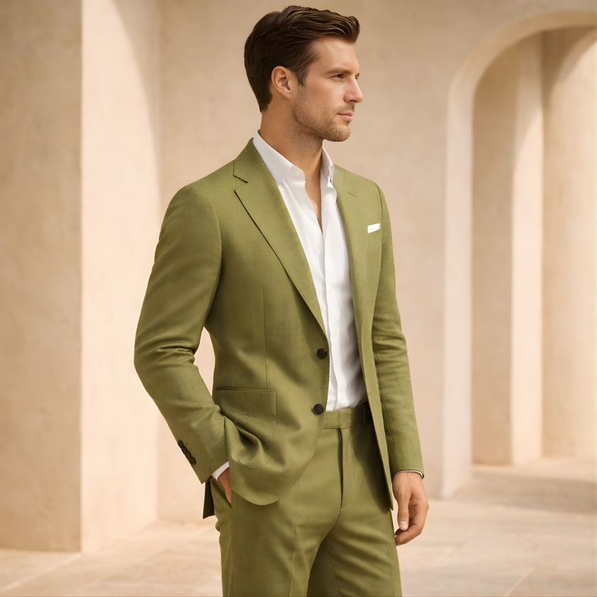 FJØRNA men's summer two-piece suit set with wedding pants, featuring a stylish blazer and matching trousers for formal occasions.