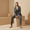 Women's tailored 3-piece tweed suit set featuring pants, jacket, and vest by FJØRNA, styled for professional or formal wear.