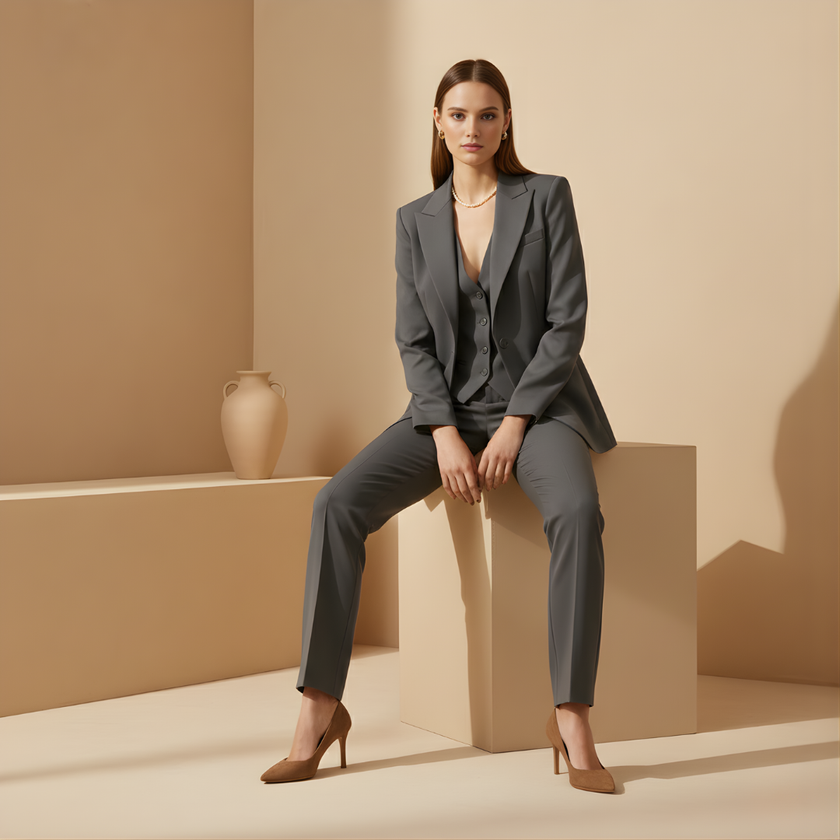 Women's tailored 3-piece tweed suit set featuring pants, jacket, and vest by FJØRNA, styled for professional or formal wear.