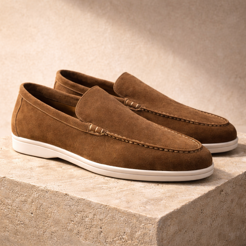 FJØRNA navy suede slip-on loafers for men, stylish smart casual shoes with smooth suede finish and classic design.