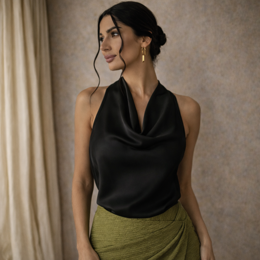 Cream satin sleeveless cowl neck top for women by FJØRNA featuring a mock neck and elegant draped design.