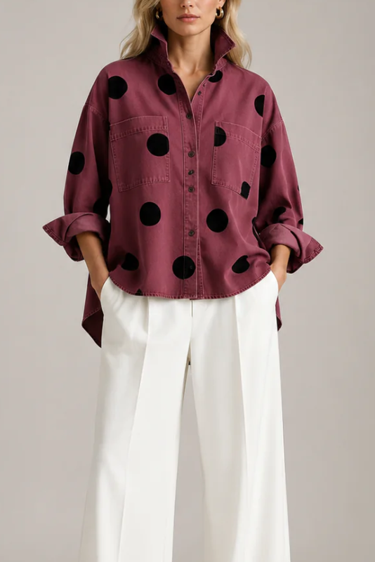 Polka Dot Blouse Women Oversized Short Sleeve Button Front