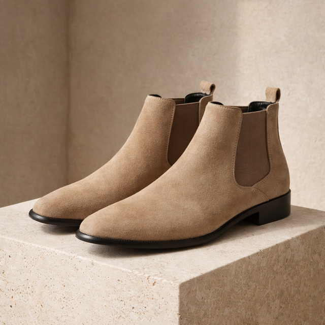 FJØRNA black slip-on Chelsea boots for men with sleek leather design and elastic side panels, stylish and versatile footwear.