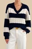 Cable Knit Sweater Women V-Neck Color Block Drop Shoulder Cotton