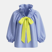 FJØRNA women's gingham ruffle oversized blouse with long sleeves, featuring a relaxed fit and stylish ruffle details.