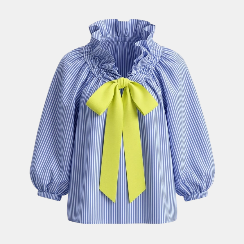 FJØRNA women's gingham ruffle oversized blouse with long sleeves, featuring a relaxed fit and stylish ruffle details.