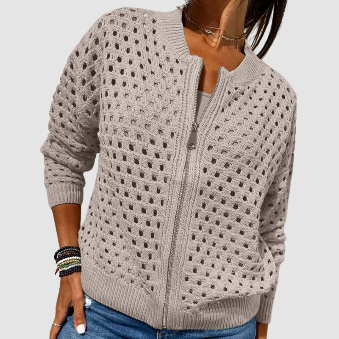 Plaid Zip-Up Knit Cardigan Sweater with Cut-Out Details for Women | Desiree