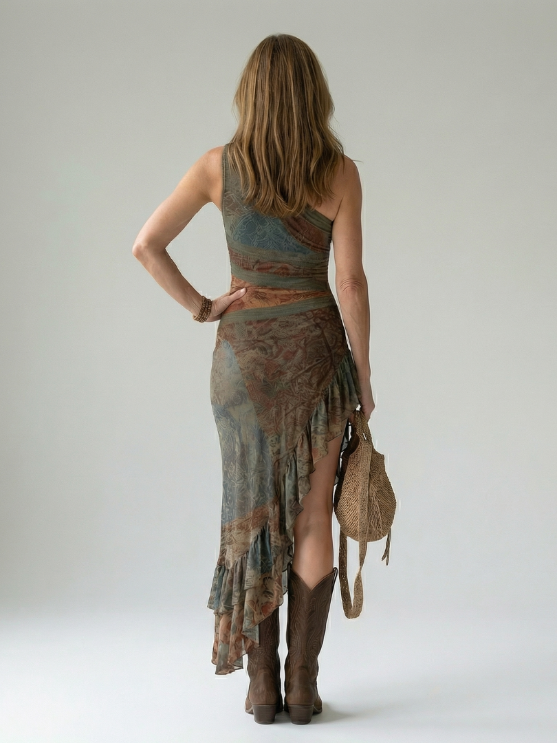 FJØRNA women's summer midi dress with one-shoulder design and asymmetric hem, stylish and lightweight for warm weather.